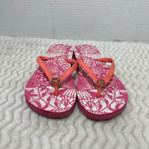 Tory Burch Women’s Size 6.5M Pink Floral Rubber Beach Flip Flop EUC - Picture 2 of 11